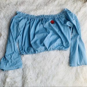 Blue mini checker print crop top